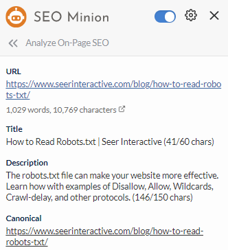SEO Minion browser extension to analyze on page SEO